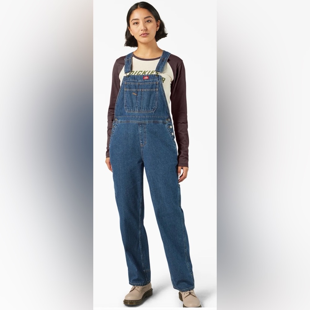 DICKIES Women’s Relaxed Fit Bib Overalls Light Wash Blue Denim Size XS/Small